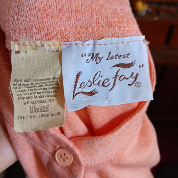 sz 10 Vintage Dress 80's Leslie Fay Salmon Pink Button-Up Belted Dress Stretch - Picture 5 of 6